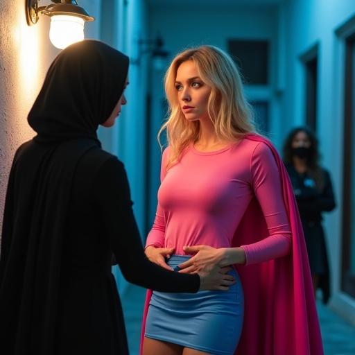 A dramatic scene in an alley. A blonde woman with blue eyes dressed in a pink long-sleeve shirt and blue mini skirt faces a mannequin in a black headscarf. The mannequin punches the blonde in the stomach. From a corner, a woman in a colorful dress and black Zorro mask beams joyfully at the blonde.