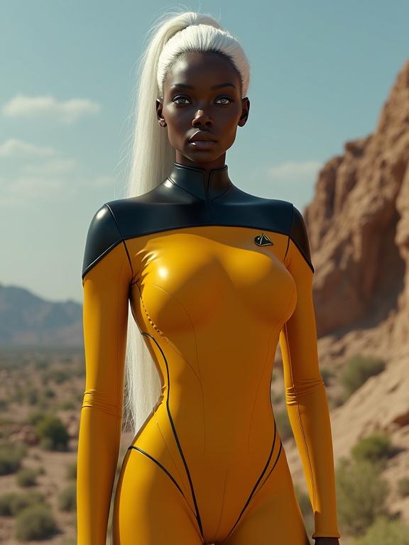 A hyperrealistic female figure stands confidently in a desert landscape. She has African very black skin, long white hair in a ponytail, and striking light blue eyes. Dressed in a mustard-colored bodysuit with black shoulders, she embodies a Star Trek captain's inspired look. The bodysuit includes a pin logo. The scene is set in a vibrant, ultra-futuristic ambiance with attention to exaggerated curves and proportions.