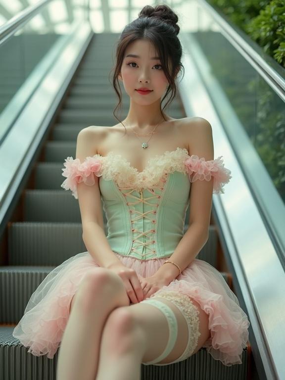Full body shot of a lady in a pastel frilly outfit sitting on an escalator in a mall. The outfit includes a corset top with lace and frills in pink, cream, and mint green. She has off-the-shoulder design and is sitting with legs open. Hair tied up, serene expression. Light pink stockings and garter belts enhance her outfit. Soft indoor light enhances frills and lace. Greenery surrounds the escalator, creating a lush background. Ultra low angle shot showcases vintage aesthetic.