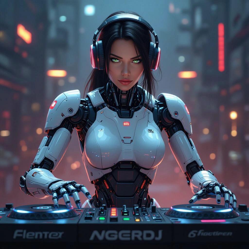 A captivating cyborg female robot DJ performing in a futuristic setting. The design features a sleek robotic body with advanced technology. The environment reflects a vibrant nightlife scene with neon lighting. DJ equipment is prominently displayed. The composition combines elements of science fiction and electronic music.