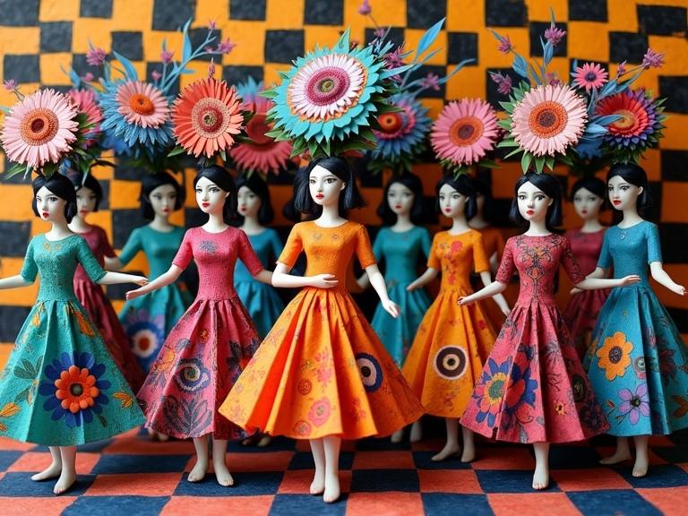 Origami figures resemble women dancing a conga line. Each figure wears a brightly colored dress with floral patterns. Figures are adorned with vibrant flowers on their heads. Background features a checkerboard pattern in orange and black. Imagery has a surreal and dreamlike quality. Details capture the essence of naive folk art.