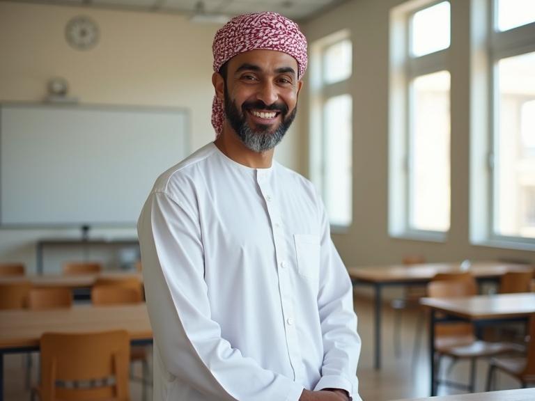 A medium-length photo of a 55-year-old Omani male teacher. He wears a traditional white dishdasha and a patterned turban. He smiles confidently in an elegant, modern classroom with large windows and natural light. The image is hyper-realistic.