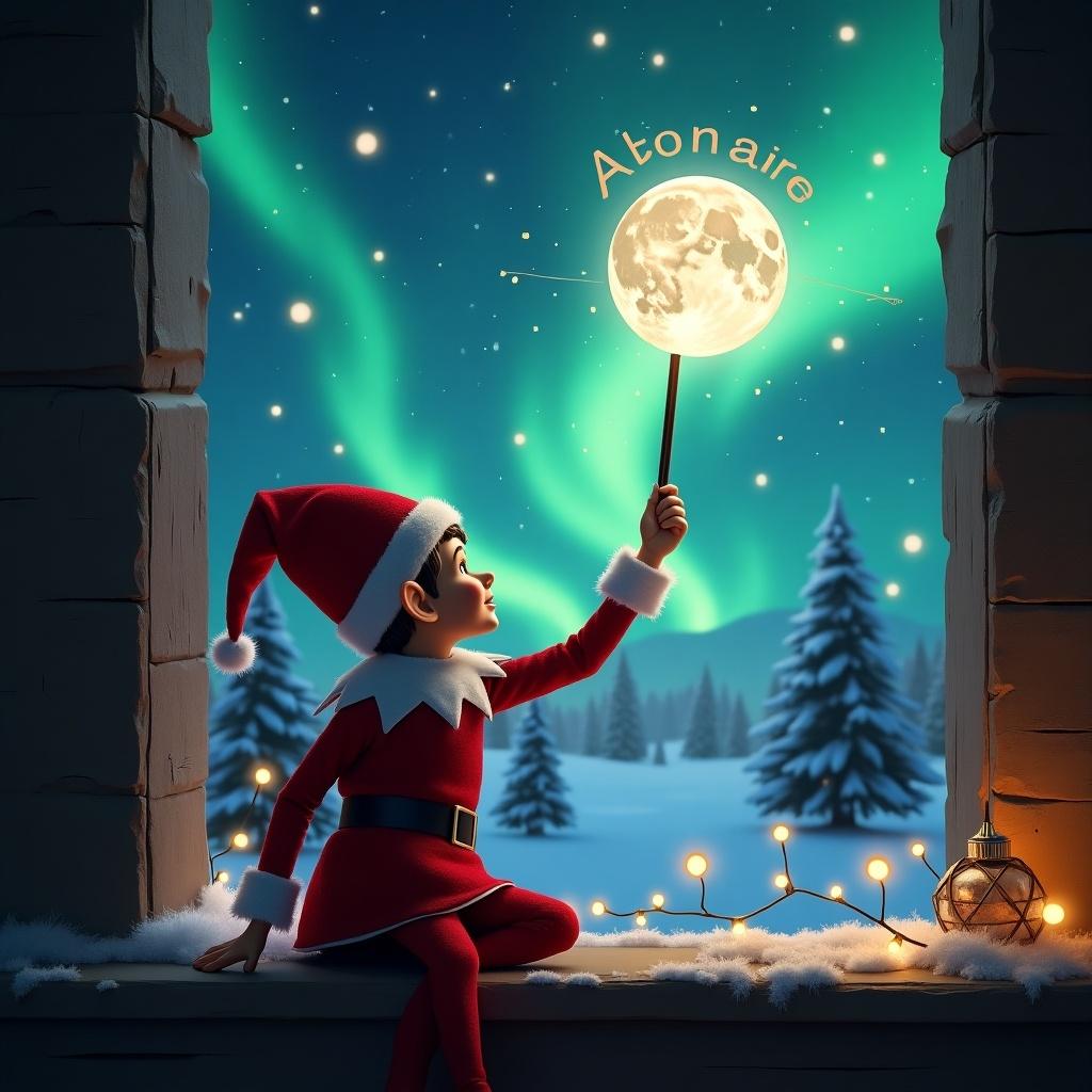 Elf on the shelf sits on a window ledge. The elf faces a magical night sky. A wand is held up to create a glowing moon. The moon displays the name Atonair. Northern lights shimmer in the background. Christmas trees appear in the snowy landscape.