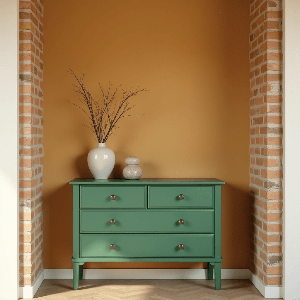 A green dresser with vases stands against an orange wall framed by brick columns.