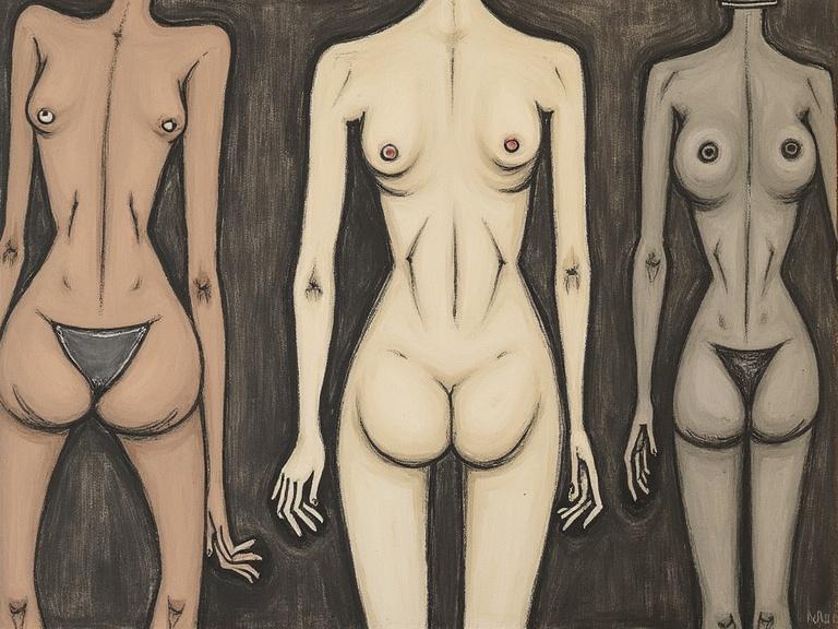Closeup view of three nude figures in differing skin tones. Figures are stylized with prominent features. Influence of artist S. L Lowry seen in simplicity and abstraction.