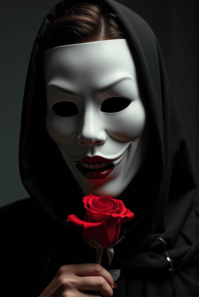 A hooded figure wearing a white theatrical mask holds a vibrant red rose, creating a mysterious and dramatic contrast.