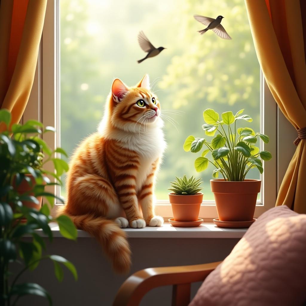 Image features a fluffy domestic cat on a windowsill. Sunlight casts a warm glow on its orange and white striped fur. The cat observes birds outside with bright green eyes. Potted plants add nature to the scene. Cozy indoor space visible in the background.