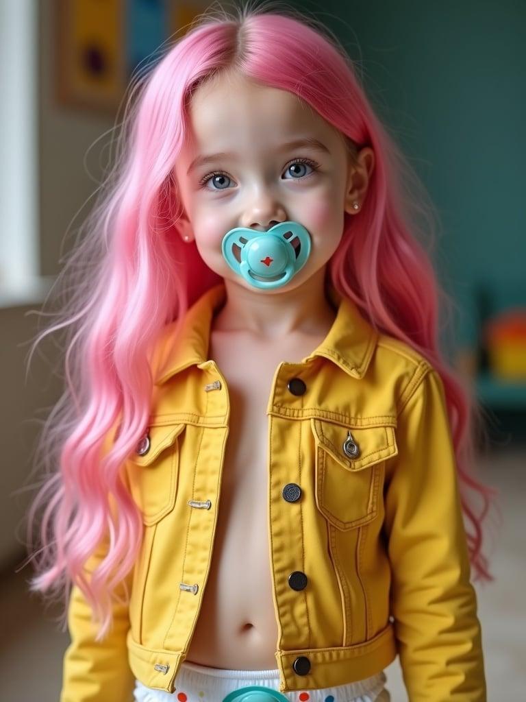 A seven year old girl has long pink hair and emerald green eyes. She wears a yellow denim jacket and diapers. The setting is kindergarten and she holds a pacifier while smiling.