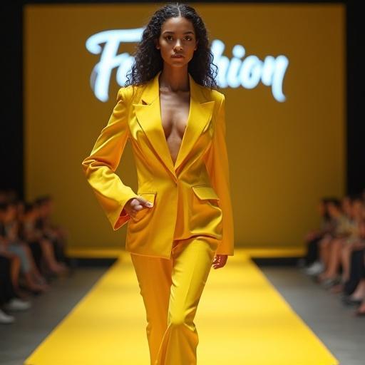 A detailed portrait of a model in a yellow outfit walking on a runway. The background displays a sign that reads 'Fabrishion'.