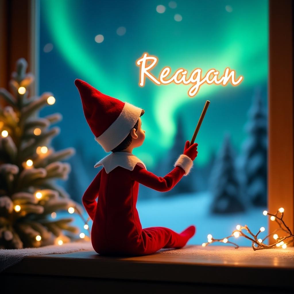 This image presents an enchanting Christmas scene featuring an elf on the shelf. The elf is dressed in a vibrant red and white outfit and is facing the northern lights. With his back to the viewer, he holds a magic wand and is writing the name 'Reagan' in glowing letters above him. The backdrop includes a beautifully decorated Christmas tree with lights, enhancing the festive atmosphere. The combination of the elf's whimsical action and the magical northern lights captures the joy of the holiday season, making it a perfect illustration for Christmas-themed content.