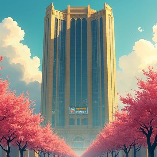 Anime-style depiction of a futuristic summer morning outside a modern oversized Kamakiri Industries building with cherry blossoms and a golden lotus design in the city.