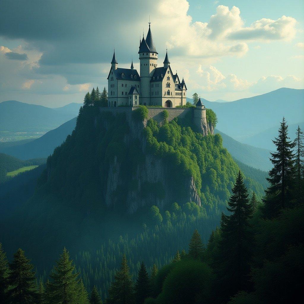 Castle on top of a mountain surrounded by a forest