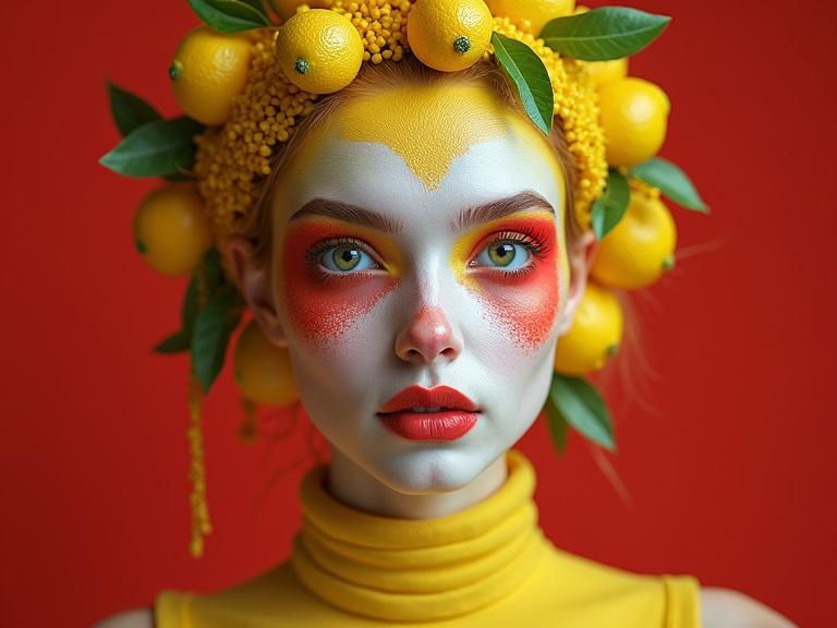 Portrait of a woman with colorful face paint. Hair styled with lemons and garlands. Bright red background. Emphasis on her big eyes and fair skin. High-detail photography.