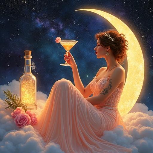 Goddess on crescent moon. Flowing gown of stardust. Holding cocktail glass. Shimmering elixir in bottle. Cloudy background. Roses and rosemary nearby. Soft light and dreamy colors.