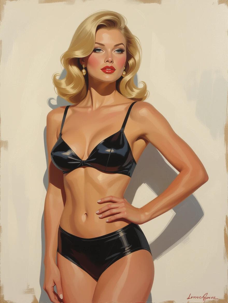 A model standing confidently in black swimwear. Full-bodied portrait in a side pose. Hair styled in classic 1960s fashion. The background is abstract. Vibrant oil painting with an artistic flair.