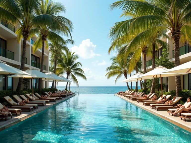 Luxury tropical poolside at a resort hotel. Afternoon setting with lush palm trees and clear sparkling water. Several bikini models are relaxing on sun loungers.
