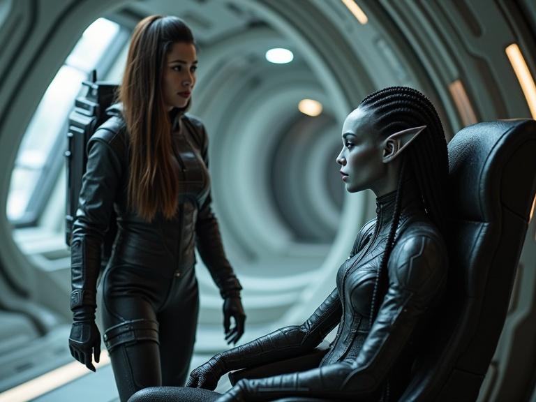 A female astronaut in space gear walks in an alien spaceship corridor. She converses with an alien character, who has grey skin and pointy ears. The alien has a stylish outfit and cornrow hairstyle. It sits in a captain's chair. The environment reflects a space or sci-fi theme through its design and lighting.