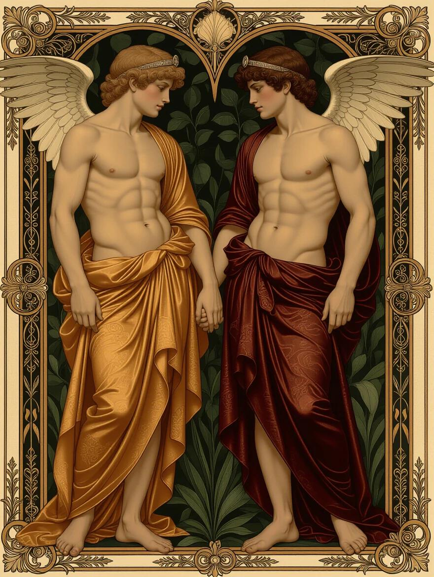 Art resembling Edward Burne-Jones painting. Features cupids and male warriors. Figures wear ornate silk robes in earth tones. Emphasis on anatomical correctness. High resolution and ultra-realistic detail.