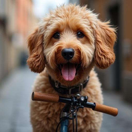 Dog sitting on a bike handlebar. Dog has a fluffy coat and a joyful expression. Background blurred with urban setting. Bicycle visible in foreground.