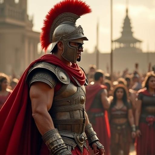 A gladiator stands in armor. Outdoors with a crowd. Dramatic lighting. Historical context.