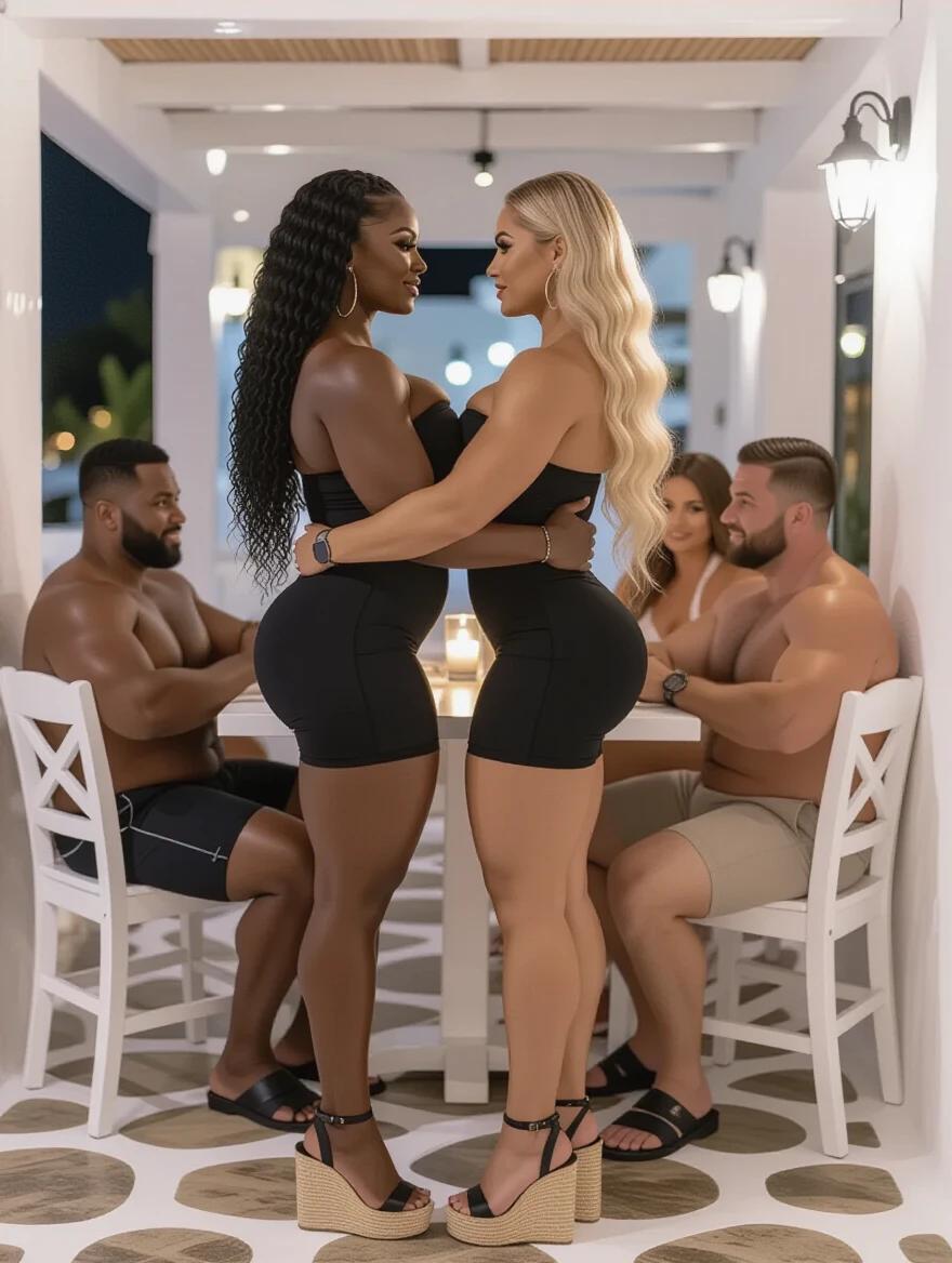 Two muscular bodybuilder women standing close to each other. One is African with curly black hair. The other is Scandinavian with wavy blonde hair. Both wear tight black dresses and espadrille heels. They embrace while looking into each other's eyes. The background shows a Mykonos tavern full of people at night.