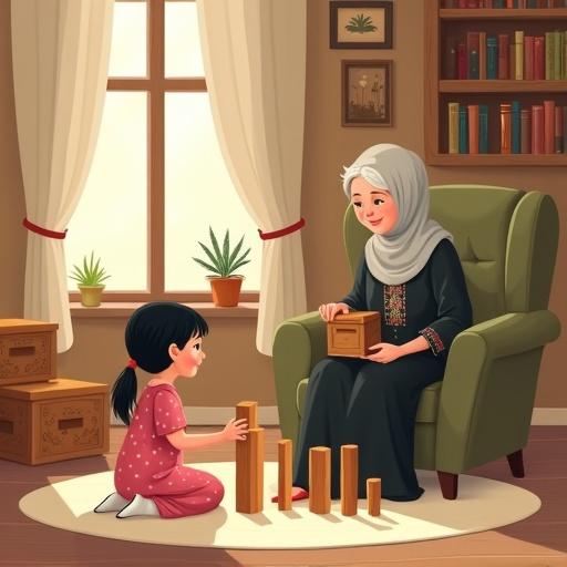 Cozy flat-style illustration of a grandmother in a living room with wooden shelves filled with books. An olive-green armchair and a girl playing with wooden blocks on a rug. Light from the window creates warmth. Grandmother wears a black dress and headscarf while crocheting. The girl is excited, wearing a pink dress and taking out wooden pillars.