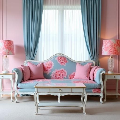 Big spacious room features pretty pink rose print sofa with light blue background and throw pillows. White coffee table with gold trim included. A pair of white end tables with pink lamps having crystal accents and rose print shades present. Light pink walls and window with light blue sheers complete the decor.