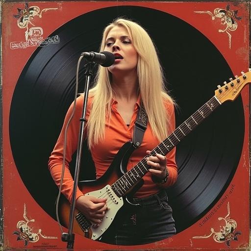 Album cover features a female singer with long blonde hair. She sings into an old microphone. A guitar is present. The overall design emulates 70s Rock and Roll style. The band is named Crimson Revival.