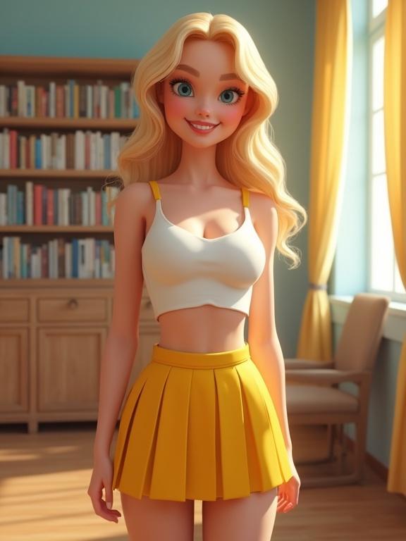Realistic animated character in a library dressed in a yellow pleated skirt and white top. Character has blonde hair and a beautiful smile. Room has light-colored curtains and wooden furniture, filled with soft natural light.