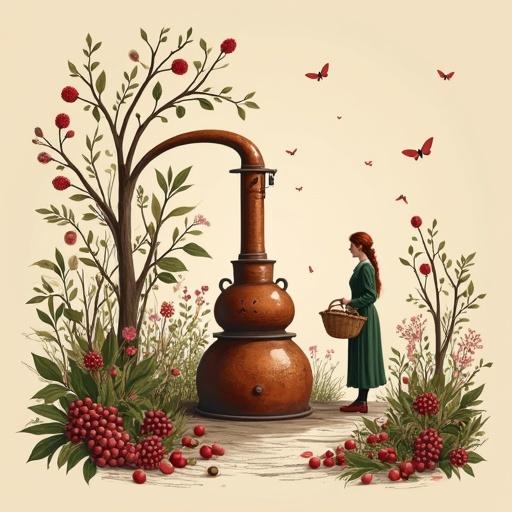A copper still in an alchemist laboratory. Located in a herb garden. Beige background. Surrounded by wormwood plants. Sloe berries and rosehips. A woman with a basket collecting herbs. In front a liqueur bottle with 'Genuss aus dem Garten der Natur - wild und besonders' and 'ALFRUNO'. Fantasy and mystery.