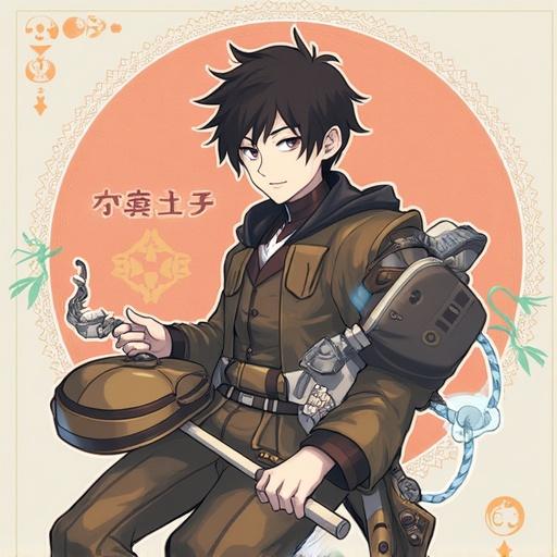 Illustration of a character wearing a detailed outfit. Includes accessories and a background design. Styled in an anime-inspired manner. The character has a confident expression and poses while holding objects.