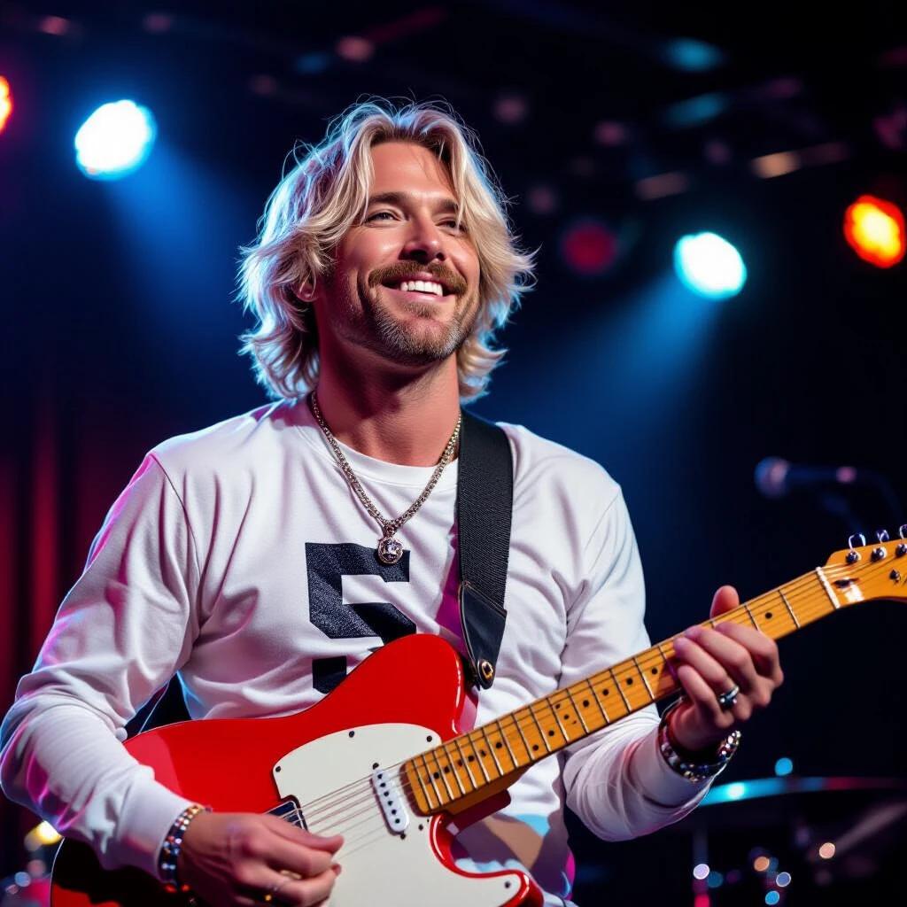 Guitarist holding shiny red Fender Telecaster. He smiles and looks up. Platinum blond hair covers ears. He wears long sleeve white shirt with big number 5. Background is empty disco club.