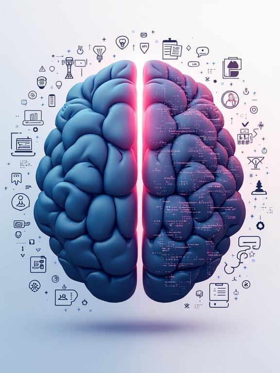 A digital illustration features a brain split into two halves. Left half has circuit lines and data streams. Right half contains lightbulbs and writing tools. Background includes AI-related icons in monochrome. Color palette has soft blues and purples. The image evokes focus and creativity.