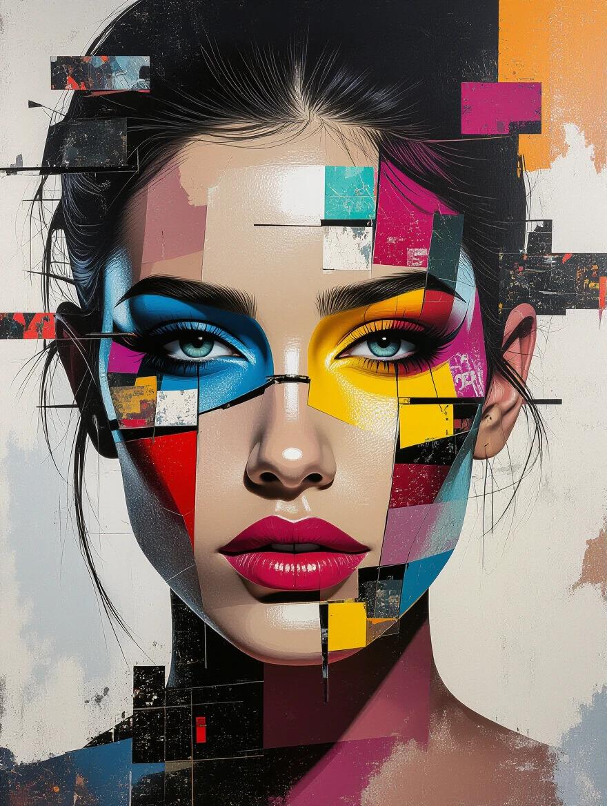 Artwork depicting a deconstructed human face. The composition is highly detailed with elements of urban decay and technology. It features mixed media styles with fragmented and layered textures. A cyber-street art aesthetic is present, showcasing neo-mosaic abstraction. Colorful yet balanced, the artwork includes grunge overlays and high-resolution spray paint textures. The piece contains glitch elements typical of conceptual portraits. Symmetrical distortions form part of the artistic expression in this gallery-grade digital art piece.