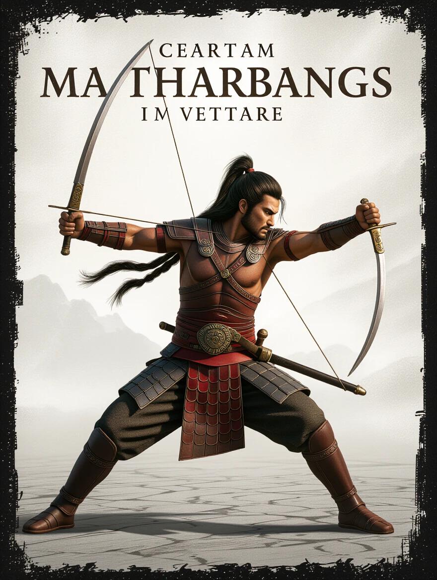 Hyper-realistic portrayal of a warrior in a battle stance with a bow. Detailed costume design showcasing armor and accessories. Dramatic background depicting a battlefield atmosphere