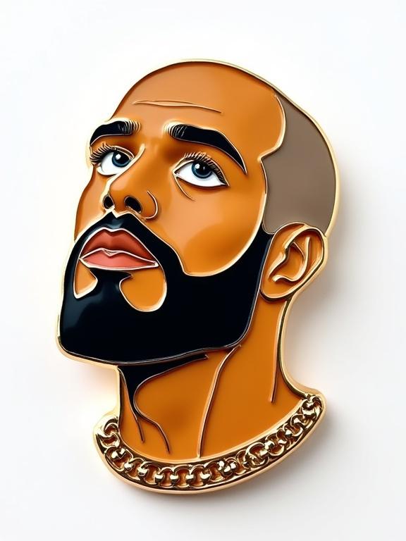 A close-up eye-level shot of an enamel pin showing a male figure from the chest up. The figure is bald with a salt and pepper beard. The figure looks upward and to the right. Skin tones are warm brown with white highlights. A gold chain is depicted around the neck. The background is solid white.
