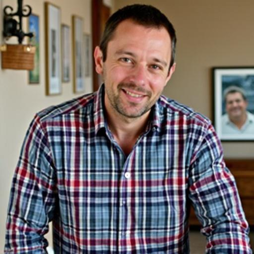 A man wearing a plaid shirt is standing in a well-lit room. There are framed pictures on the walls. The man appears to be engaged in conversation or sharing ideas. The environment looks professional and creative. The background includes soft furniture and decor that suggests a podcasting or interview setup.