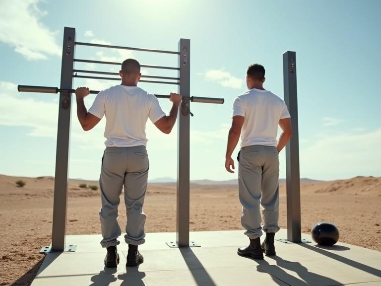 Realistic fit male soldiers with white t-shirts and light grey pants perform weights workout at outdoor gym in the desert under bright sunny sky with clouds.