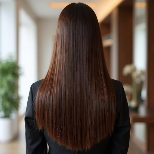Back view of a woman with stunning Japanese straight hair that shines beautifully