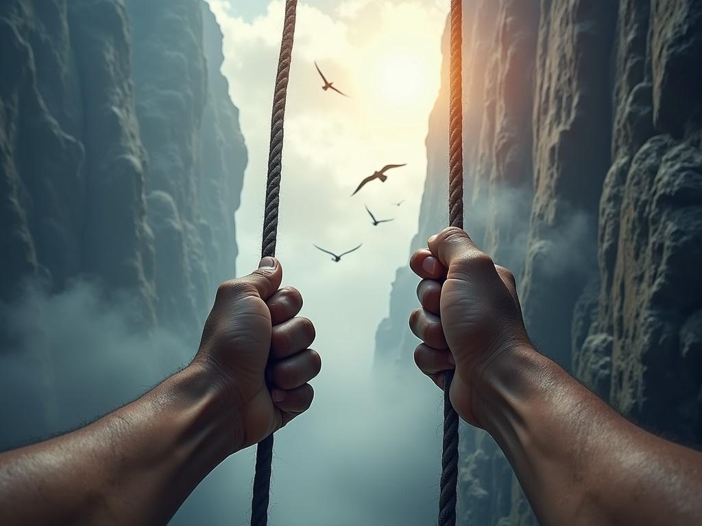 The image shows a pair of hands gripping a thick rope, as if climbing up a steep rock face. The left hand is positioned underneath the right hand, emphasizing the struggle and effort involved in the climb. From the perspective of the climber, we see an upward view towards the top of the cliff where bright sunlight shines down, illuminating the scene. Above, there are birds flying, adding a sense of freedom and hope to the journey. The background is filled with clouds, creating a dramatic and challenging atmosphere for the climber's ascent.