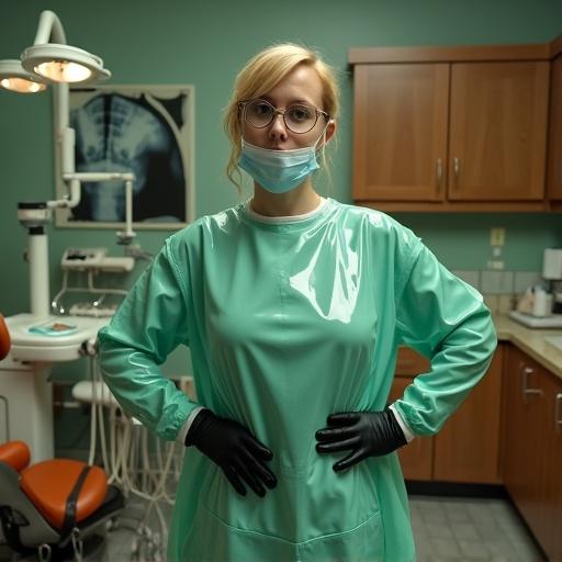 Wide shot of a female dentist next to a dental chair in a vintage office. Dentist wearing a shiny light green gown and surgical mask with black gloves. She has blonde hair in glasses with hands on hips. Background includes dental unit, x-ray on wall, brown cabinets, and tiled flooring.