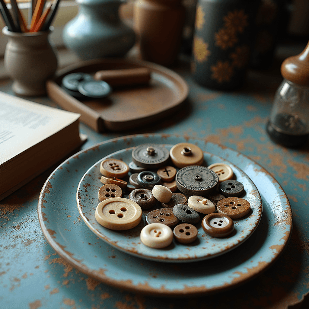 A collection of assorted vintage buttons displayed on a rustic plate.