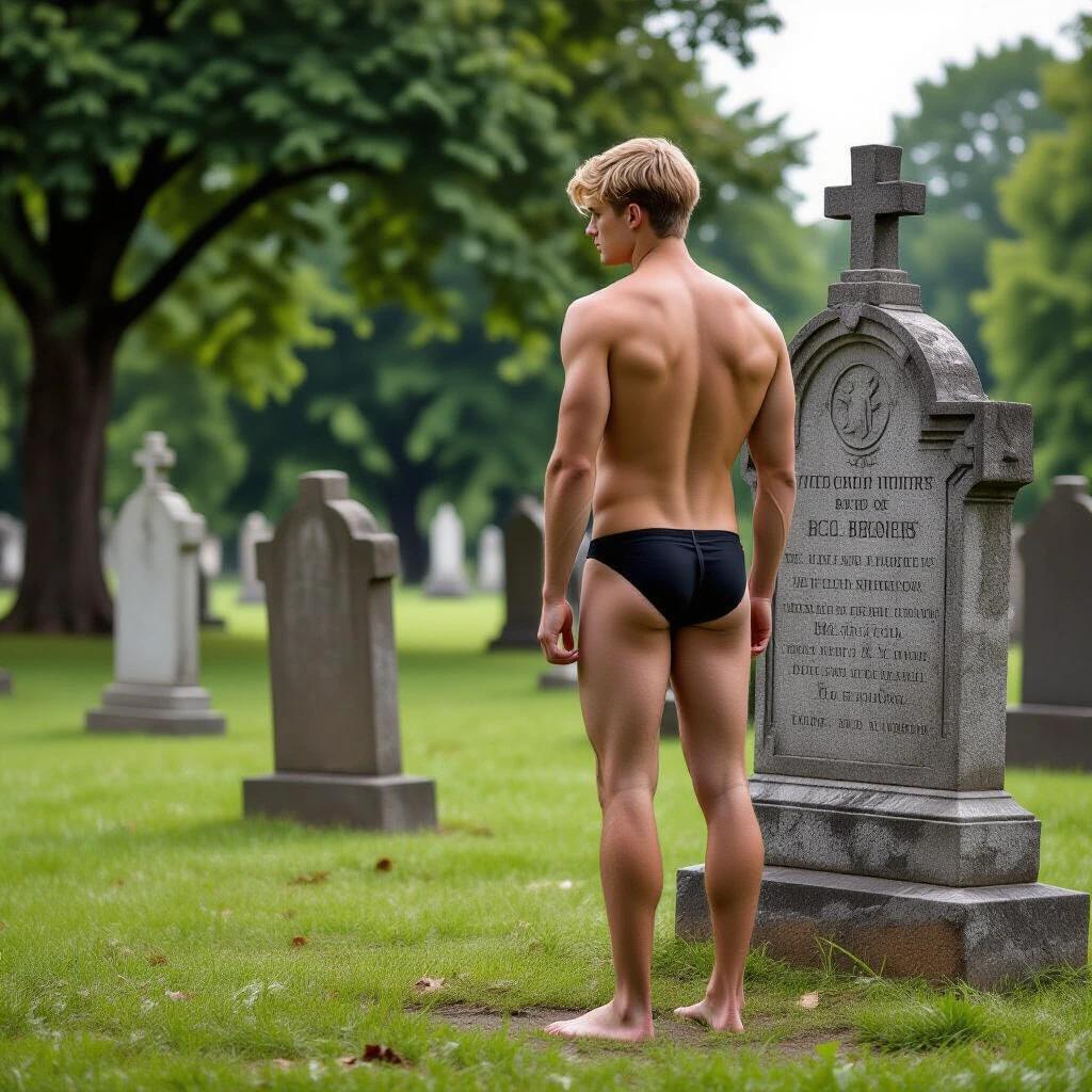 A young man stands barefoot in a historic cemetery. He is dressed in black thong briefs. The scene features an old gravestone. The man is viewed from behind, looking at the gravestone.