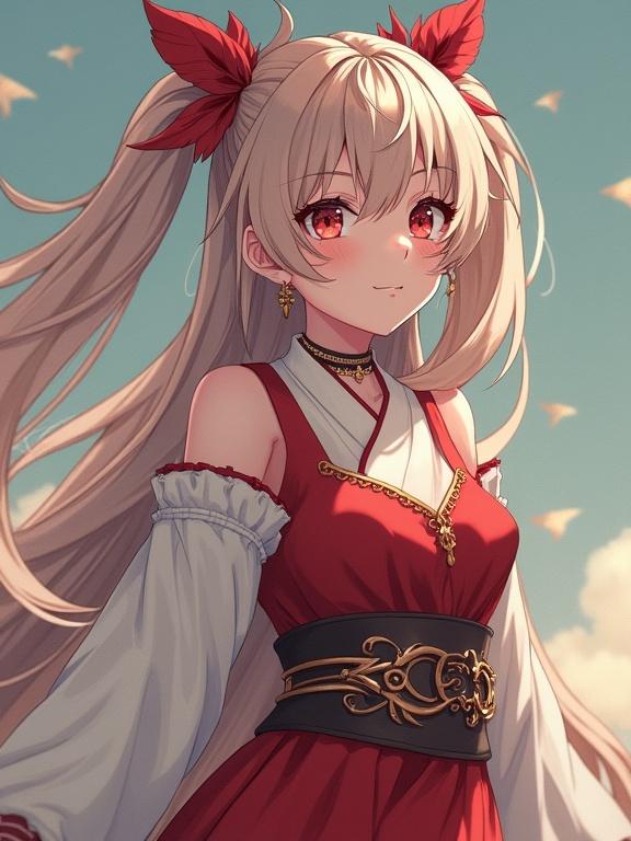 Anime style female character dressed in traditional red and white costume. Long blonde hair with red accessories. Bright eyes and cheerful expression. Sky background with soft clouds.