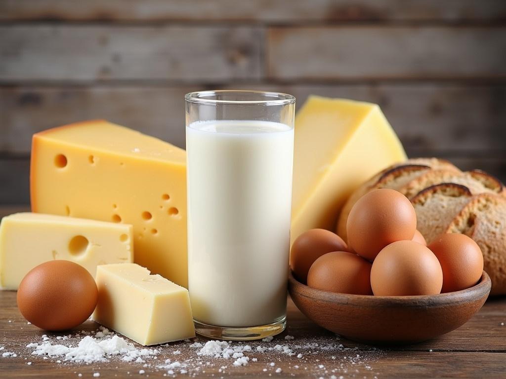 Cheese, bread, milk, and eggs are arranged in a still life. The scene is set on a vintage wooden background, giving it a rustic charm. Various types of cheese are displayed, showcasing different textures and colors. There is a glass of fresh milk placed prominently in the center. Surrounding the milk are several brown eggs in a bowl and some crusty bread. The composition highlights the simplicity and abundance of dairy products.