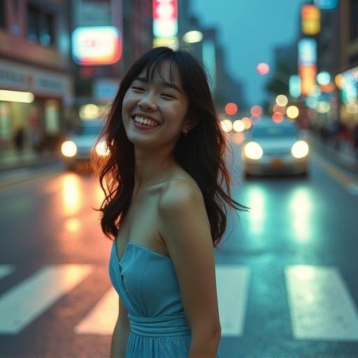 A portrait photograph showing a young woman in an elegant light blue dress laughing in the middle of a busy intersection. The camera angle is low, capturing the reflection of neon signs in the wet asphalt. The photo has a soft focus and vignetting typical of a disposable camera from the early 2000s.