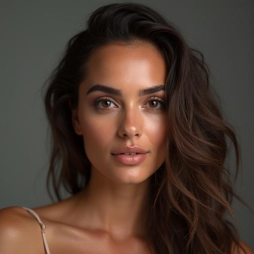 Photorealistic image of a woman with long wavy hair. Soft lighting accentuates the skin tone. The portrait focuses on the upper body.