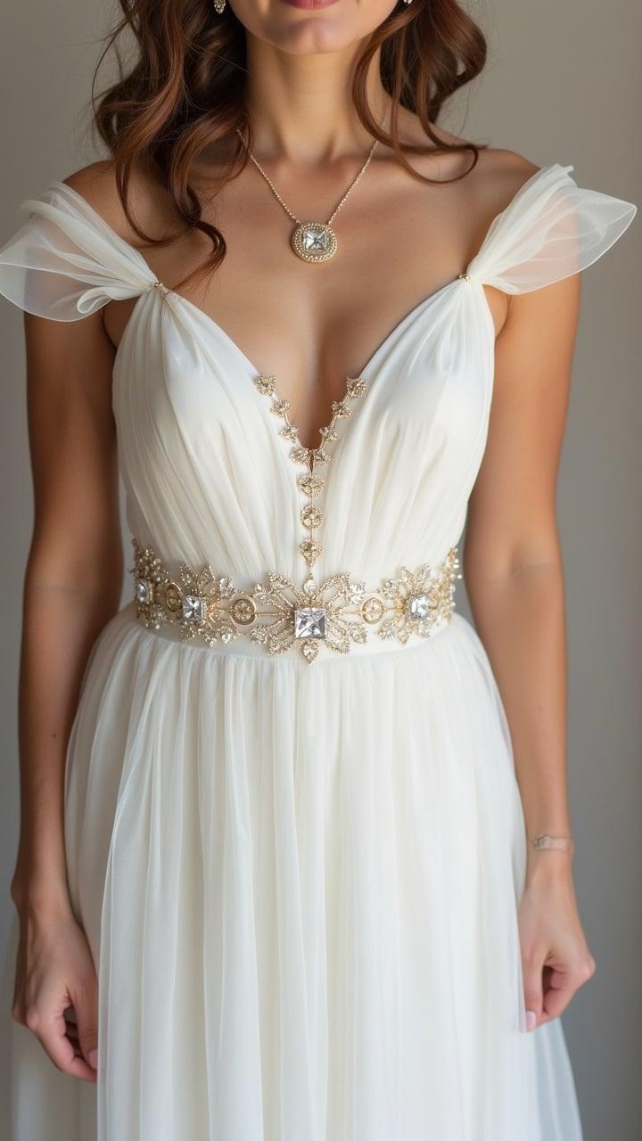 A woman wearing an elegant white dress with gold embellishments on the waist, featuring a delicate necklace, captured in natural lighting.