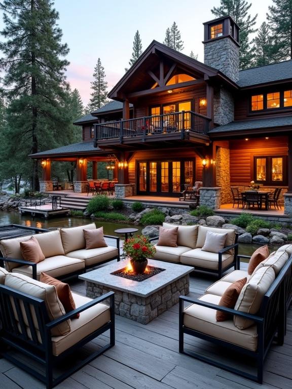 Stunning lakeside log cabin with outdoor patio designed for relaxation. Features an outdoor fire pit with boxy metal frame seating around it. Equipped with rustic stone elements and surrounded by trees, creating a tranquil atmosphere. Ideal for entertaining or leisurely gatherings.