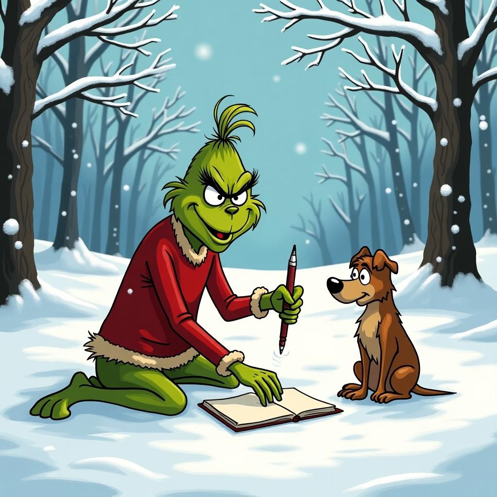 Grinch writing in a notebook with Max in a snowy landscape. Winter atmosphere with trees and falling snow.